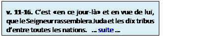 Zone de Texte: v. 11-16. C�est �en ce jour-l� et en vue de lui, que le Seigneur rassemblera Juda et les dix tribus d�entre toutes les nations.   � suite �