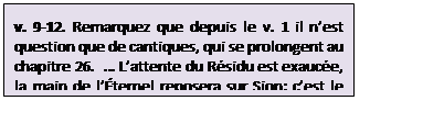 Zone de Texte: v. 9-12. Remarquez que depuis le v. 1 il n�est question que de cantiques, qui se prolongent au chapitre 26.  � L�attente du R�sidu est exauc�e, la main de l��ternel reposera sur Sion: c�est le repos d�finitif.   .� suite �